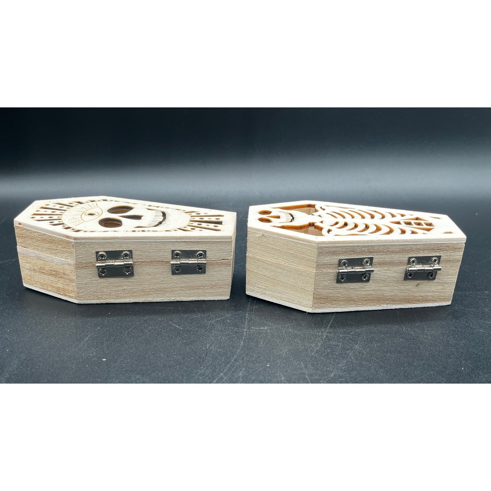 Wood Coffin Trinket Boxes LED Color Changing Skull Skeleton Halloween Decor 2pc - Picture 8 of 11